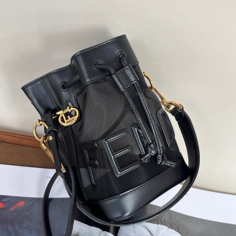 Fendi 黑色網紗mon tresor迷你水桶包 12*18*10 99新配件塵袋-3