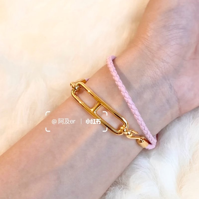 HERMES Roulis double tour雙圈小牛皮手環 - 櫻花粉金 XS-1