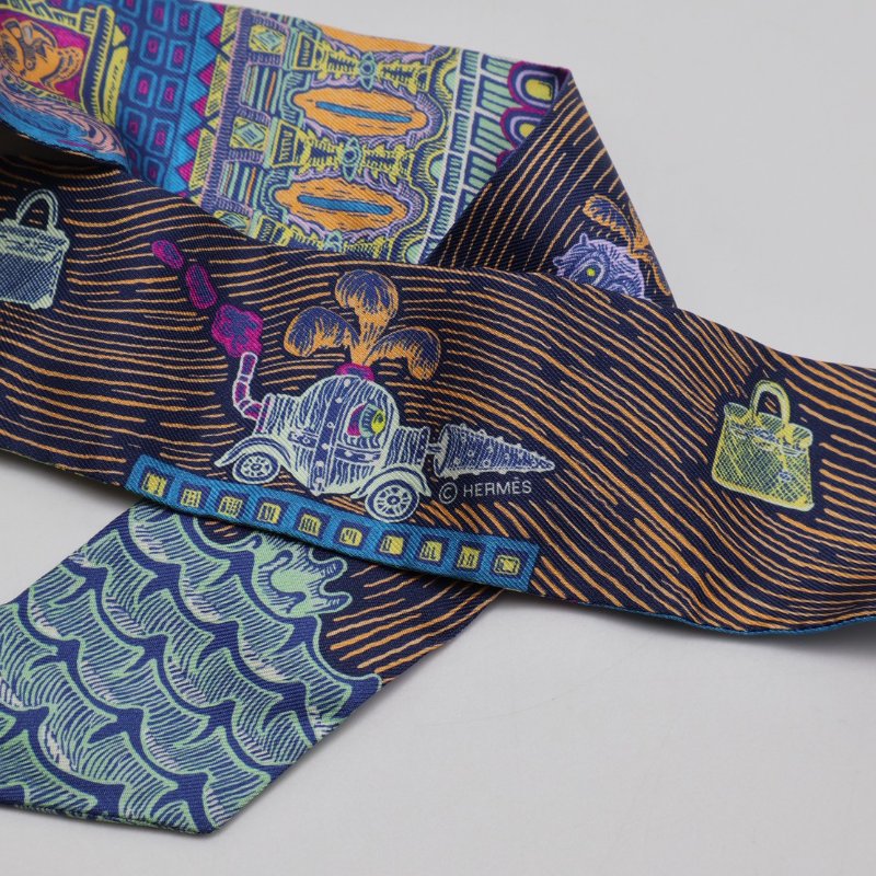 HERMES Super Silk Quest絲巾大冒險Twilly - 鈷藍/黃-3