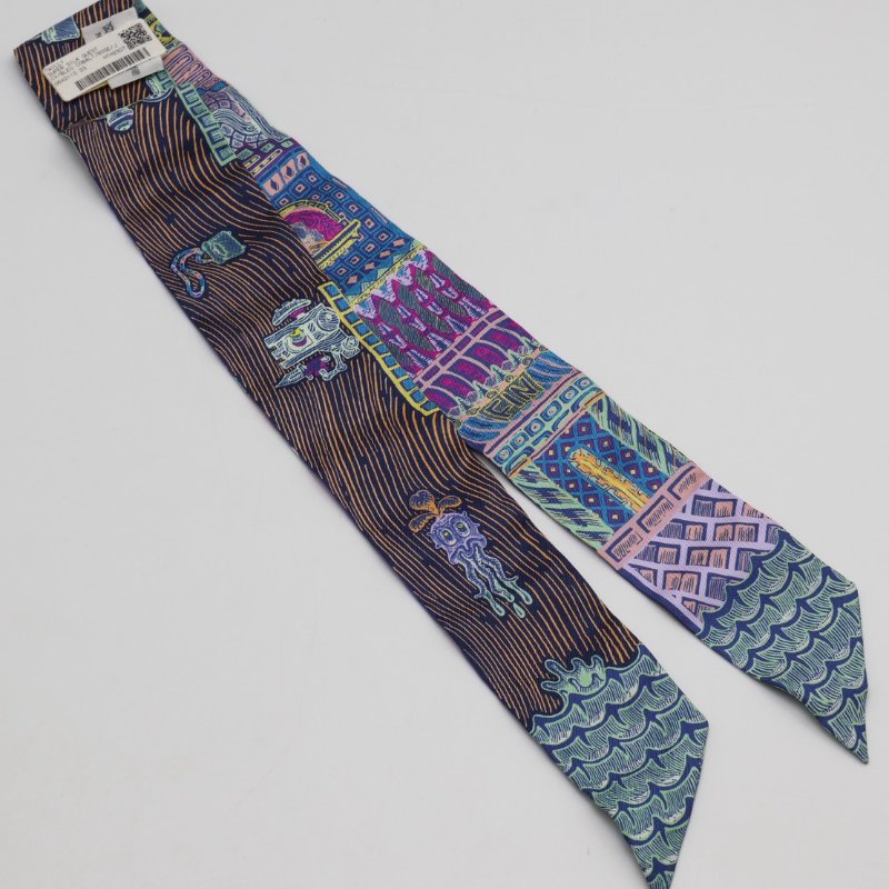 HERMES Super Silk Quest絲巾大冒險Twilly - 鈷藍/黃-5