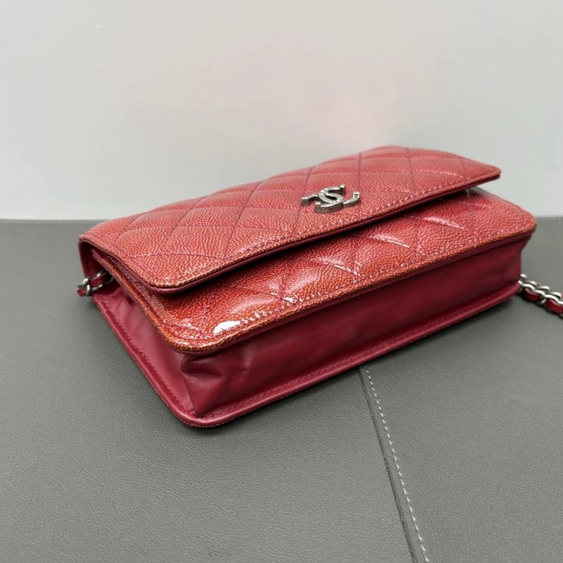 CHANEL 紅色銀扣Woc斜背鏈條包19*12*4 98新配件盒子保卡塵袋-2