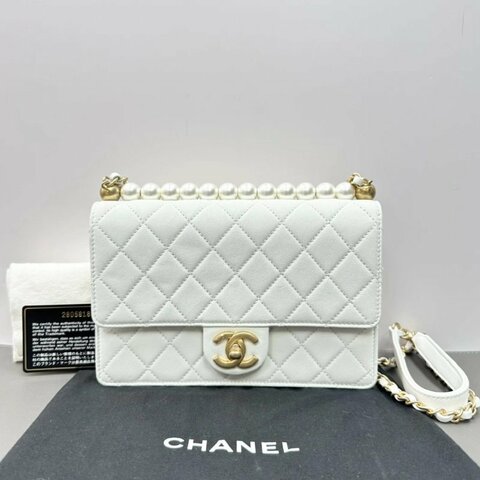 CHANEL 限量白金橫版珍珠CF鏈條包21*14*4 98新配件塵袋保卡
