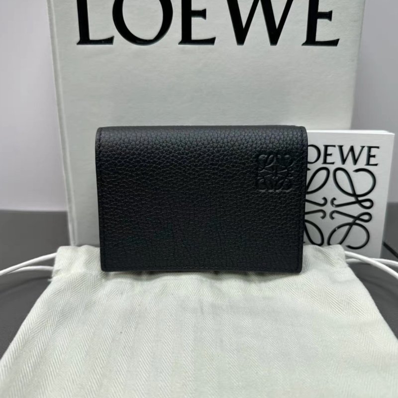 LOEWE 黑銀荔枝牛皮折疊多卡位錢包10*8*4 全新閒置配件盒子塵袋-0