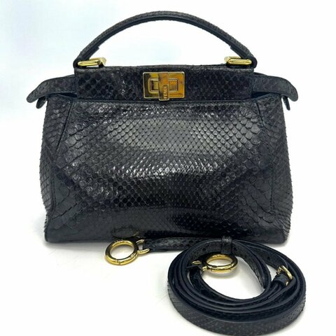 FENDI 黑色金扣蛇皮peekaboo手提斜背包 23*15*11 98新配件塵袋