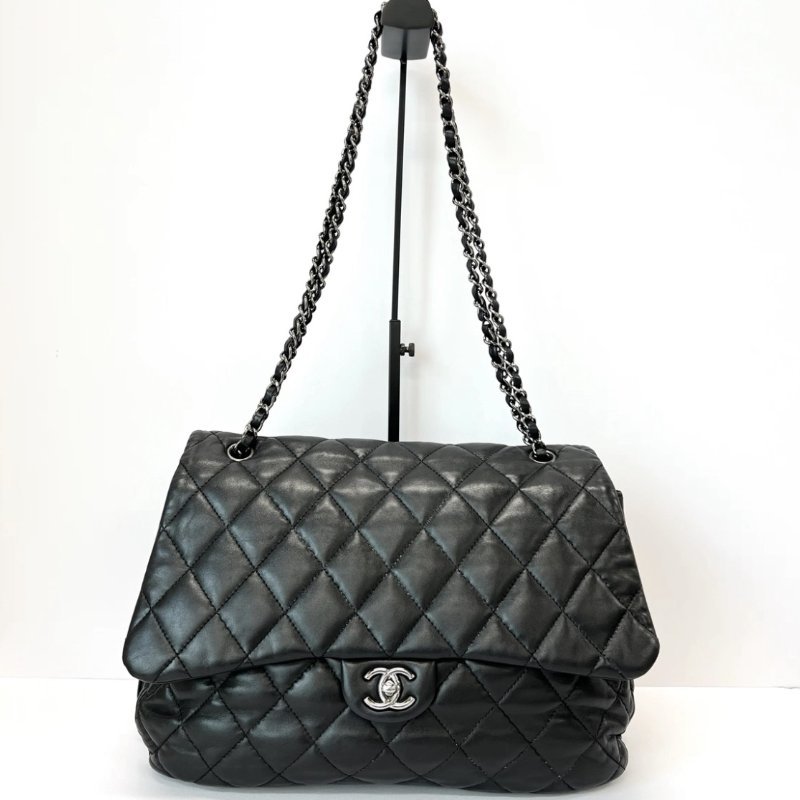 CHANEL 黑銀南瓜機場手提肩背包34.5*24*6.5 98新配件塵袋-0