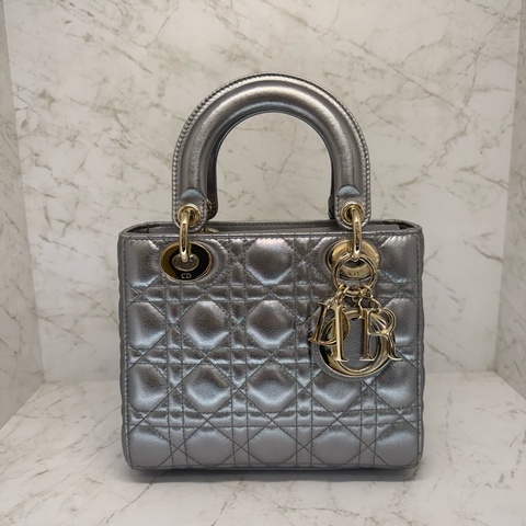 DIOR金屬銀漆亮皮五格黛妃包
