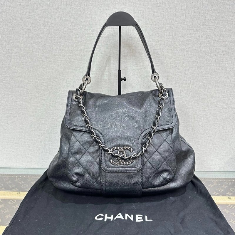 CHANEL 黑銀機車肩背40*29*11 98新配件塵袋-0