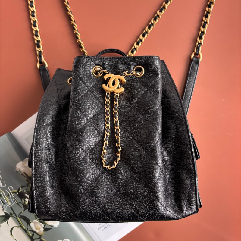 ::CHANEL:: 香奈兒 AS5600 黑色荔枝牛皮復古金雙C束口後背包 25中型背包-1