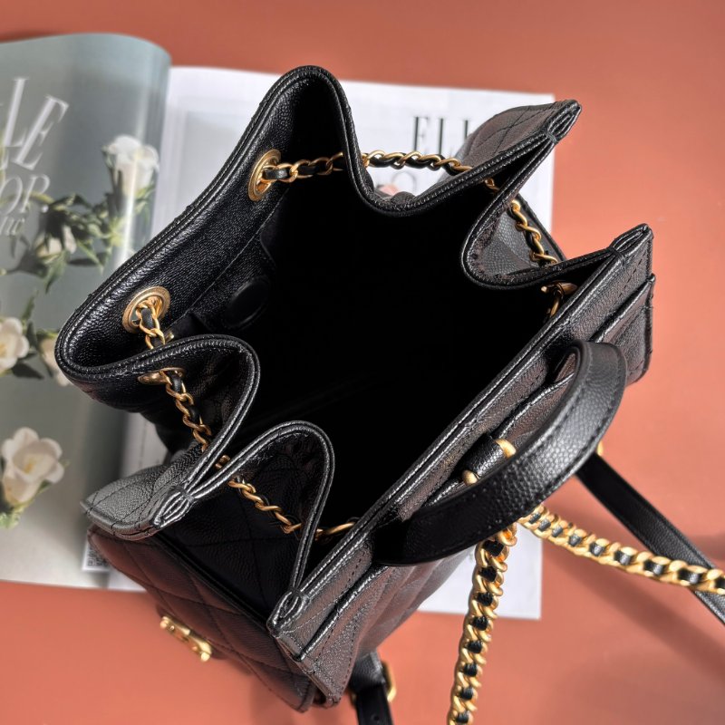 ::CHANEL:: 香奈兒 AS5600 黑色荔枝牛皮復古金雙C束口後背包 25中型背包-5