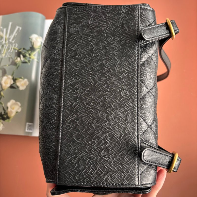 ::CHANEL:: 香奈兒 AS5600 黑色荔枝牛皮復古金雙C束口後背包 25中型背包-7