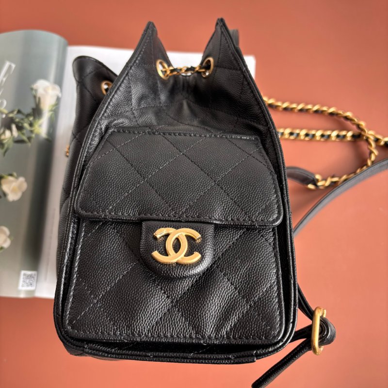 ::CHANEL:: 香奈兒 AS5600 黑色荔枝牛皮復古金雙C束口後背包 25中型背包-8