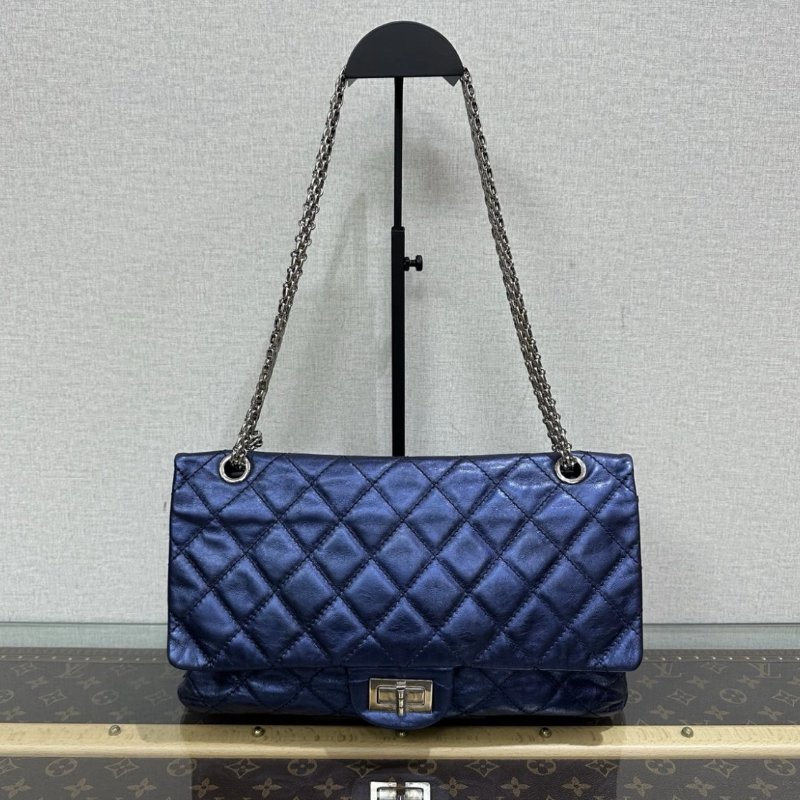 CHANEL 珠光油蠟皮紫色2.55大號肩背斜背包32*18*10 98新配件塵袋-0