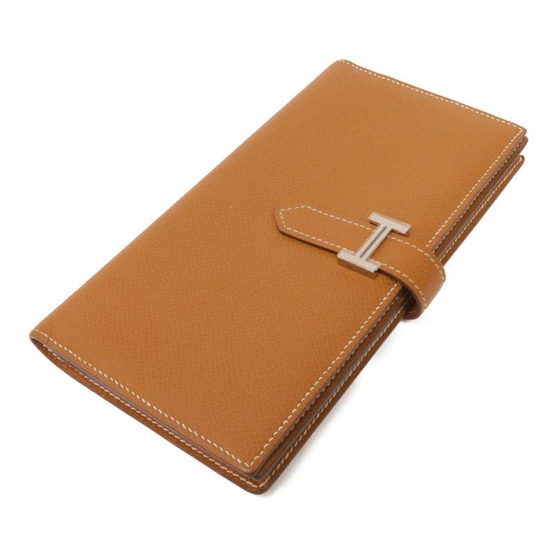 HERMES Epsom皮革Bearn W Snap銀扣長錢包Gold-3