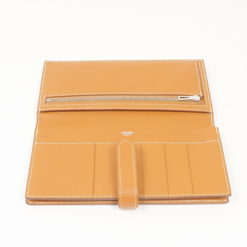 HERMES Epsom皮革Bearn W Snap銀扣長錢包Gold-11
