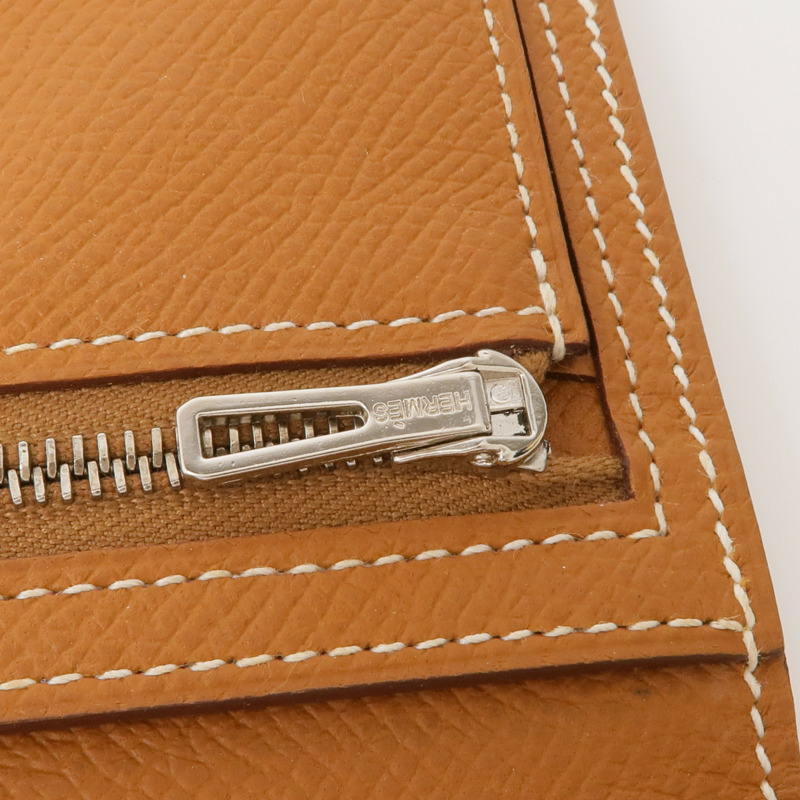 HERMES Epsom皮革Bearn W Snap銀扣長錢包Gold-12