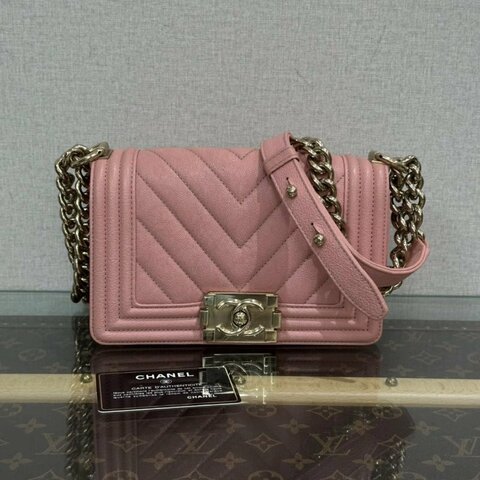 CHANEL 粉金荔枝牛皮V紋小號Leboy肩背斜背包 21*13*8 98新配件塵袋保卡