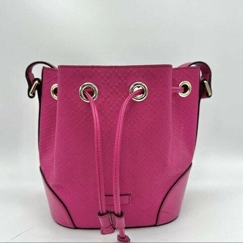 GUCCI 玫紅色金扣抽繩水桶肩背斜背包20.5*14.5*22.5 98新配件塵袋