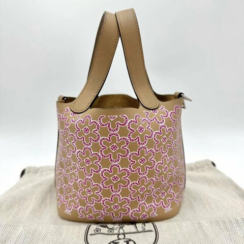 HERMES Picotin micro 14奶茶色銀扣粉雛菊mini菜籃14*13*10.5 98新配件塵袋鑰匙鎖