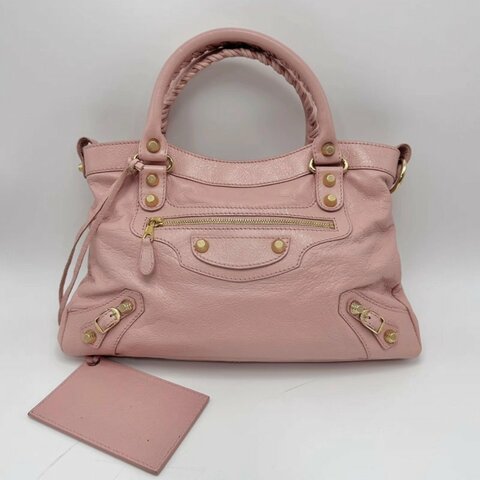 BALENCIAGA 櫻花粉金色卯釘LeCity機車手提包37*21*13 98新配件塵袋鏡子