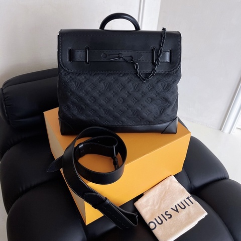 【近新閒置品】LV 路易威登黑色老花Steamer男士公文包 全皮款 soblack 經典鎖鏈手提斜挎側背包