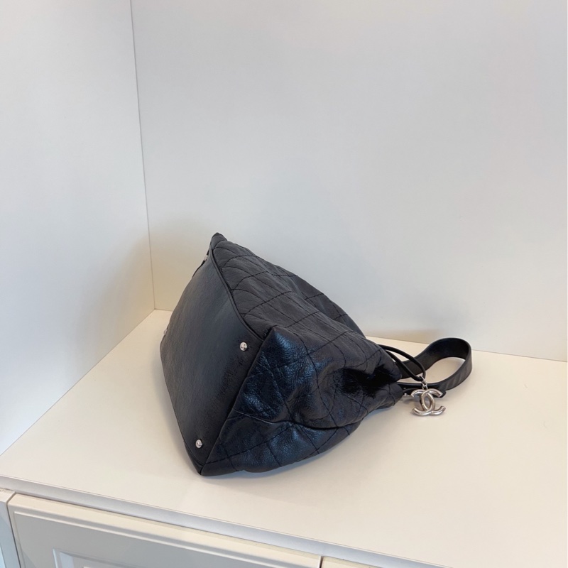 【98新🆕】Chanel 黑銀牛皮菱格水桶包 大雙C掛墜單肩包-6
