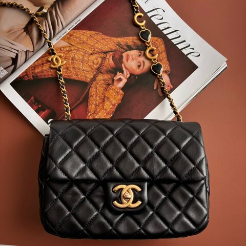 CHANEL 香奈兒 真品＊AS3489 黑色羊皮復古愛心COCO金鏈翻蓋斜背包 鏈包 方胖 口蓋包
