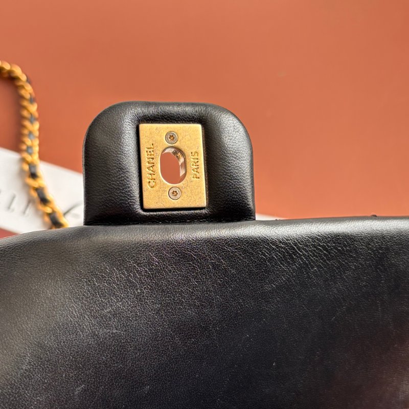 CHANEL 香奈兒 真品*AS3489 黑色羊皮復古愛心COCO金鏈翻蓋斜背包 鏈包 方胖 口蓋包-19