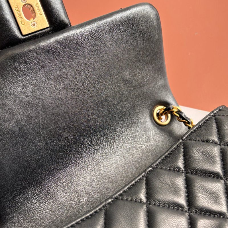 CHANEL 香奈兒 真品*AS3489 黑色羊皮復古愛心COCO金鏈翻蓋斜背包 鏈包 方胖 口蓋包-23