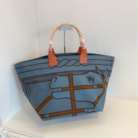 【98新🆕】Hermes Steeple馬頭帆布沙灘包 手提包 單肩包牛仔藍色