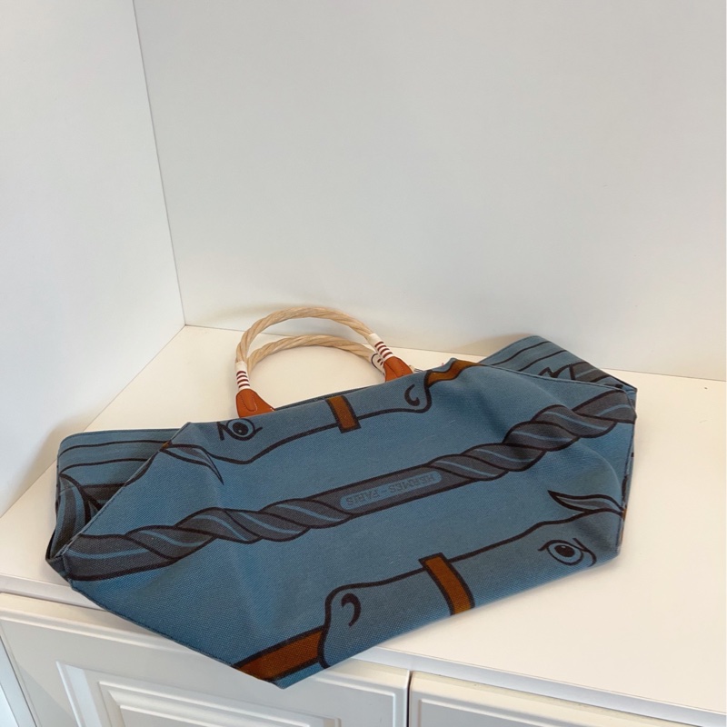 【98新🆕】Hermes Steeple馬頭帆布沙灘包 手提包 單肩包牛仔藍色-3