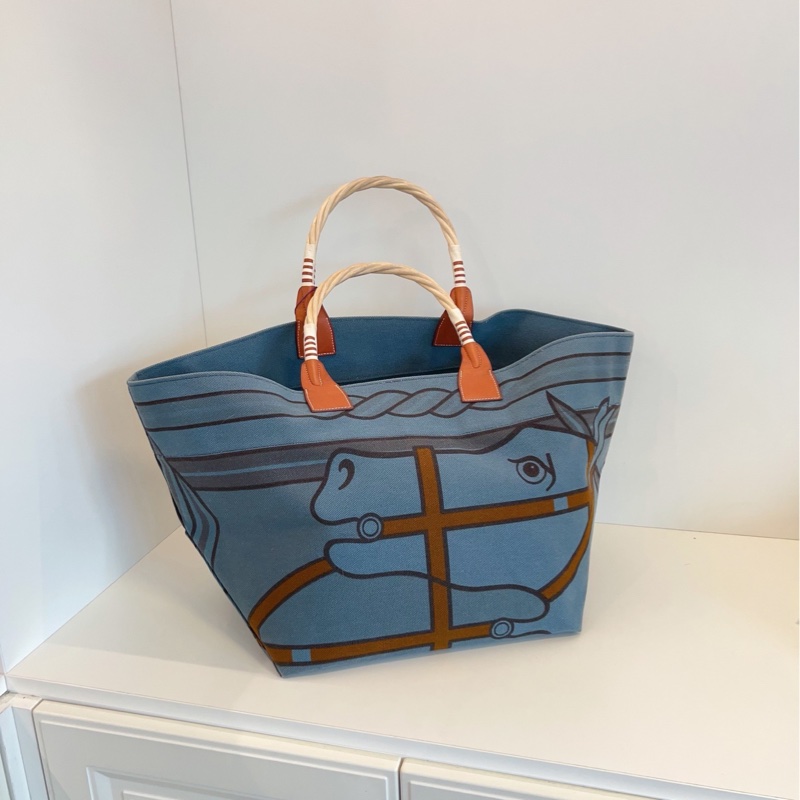 【98新🆕】Hermes Steeple馬頭帆布沙灘包 手提包 單肩包牛仔藍色-6