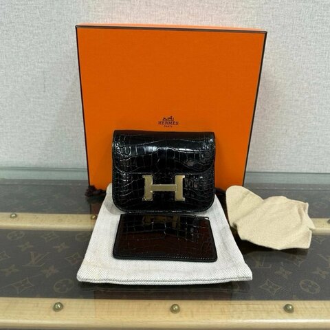 HERMES slim黑金康康鱷魚錢包12.5*10*2 全新閒置配件盒子塵袋
