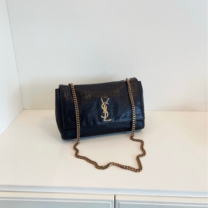 【98新🆕】YSL雙面Kate鏈條包 時髦法式軟文包☕️黑金鰐魚壓紋+焦糖金棕絨面皮單肩包-0