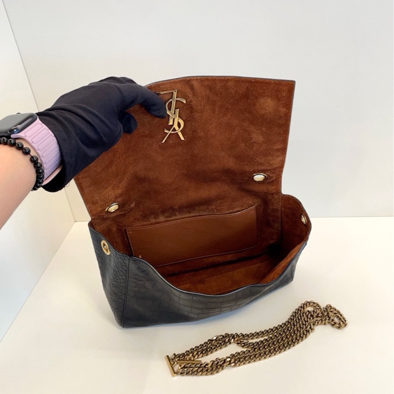 【98新🆕】YSL雙面Kate鏈條包 時髦法式軟文包☕️黑金鰐魚壓紋+焦糖金棕絨面皮單肩包-6