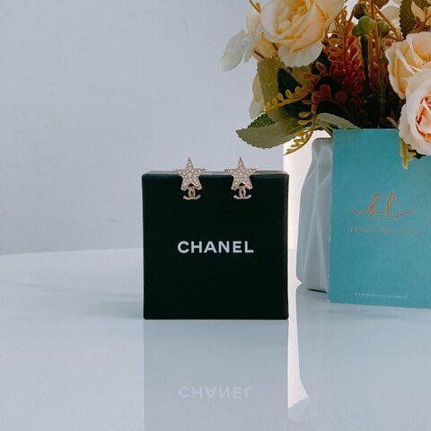 MS0379 Chanel 香奈兒 星星 雙C LOGO 水鑽 淡金 耳環 Star Earrings Crystal x GHW