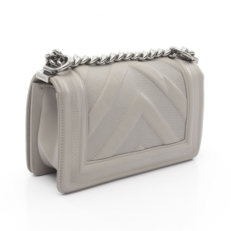 香奈兒 Boy Chanel 小號 V 字縫線鏈條肩背包 67085 皮革 灰色 SHW 二手-1
