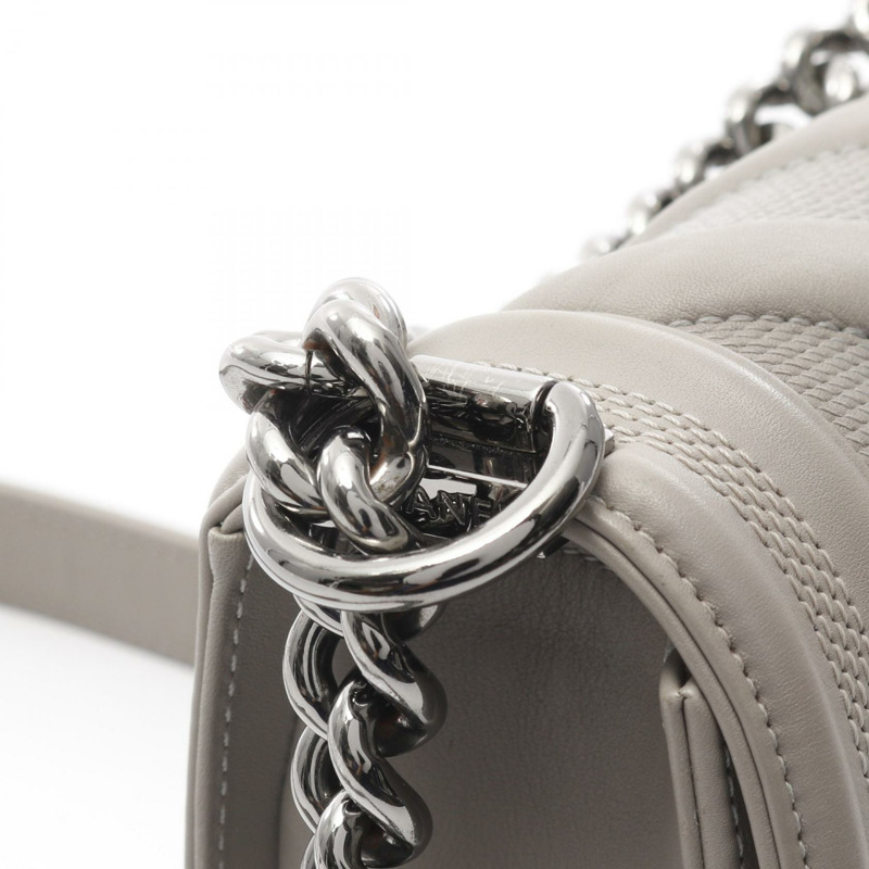 香奈兒 Boy Chanel 小號 V 字縫線鏈條肩背包 67085 皮革 灰色 SHW 二手-7