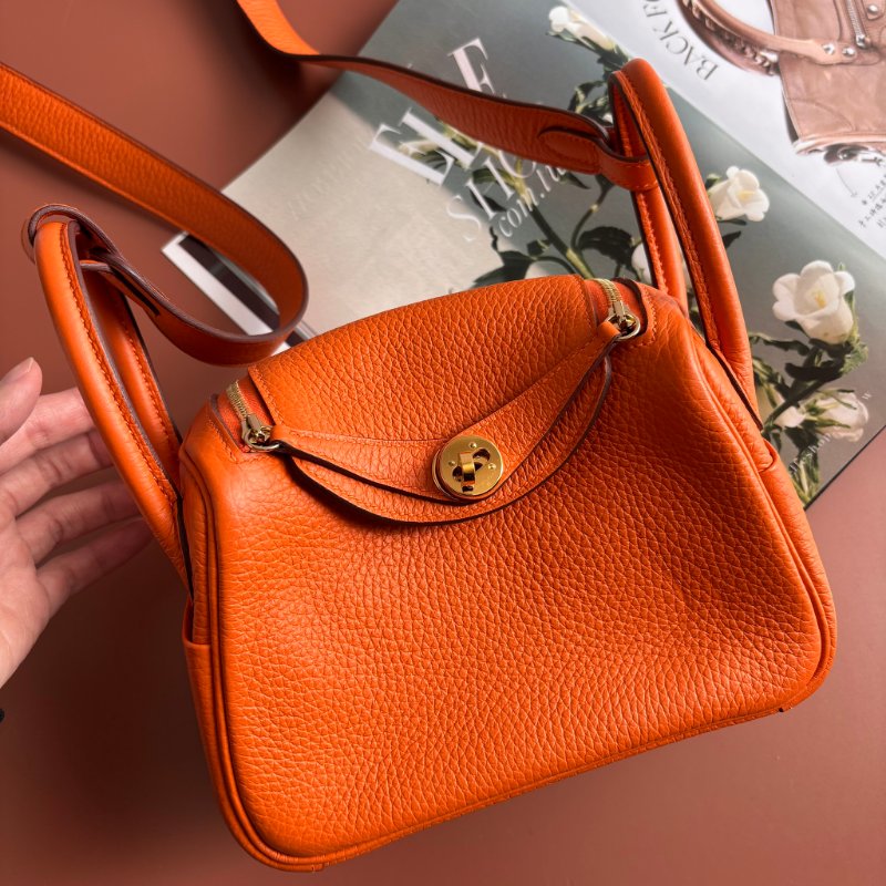 🍊天菜 超可愛 ::HERMES:: 愛馬仕 B刻愛馬仕橘金釦MINI LINDY手提肩背包-0