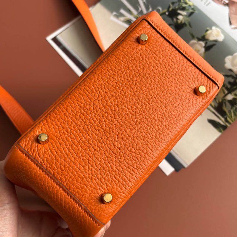 🍊天菜 超可愛 ::HERMES:: 愛馬仕 B刻愛馬仕橘金釦MINI LINDY手提肩背包-4