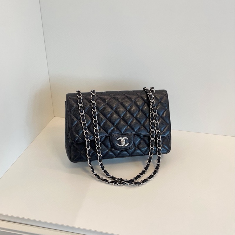 【98新🆕】Chanel 黑銀 荔枝皮單蓋CF Jumbo鏈條包 單肩包-0