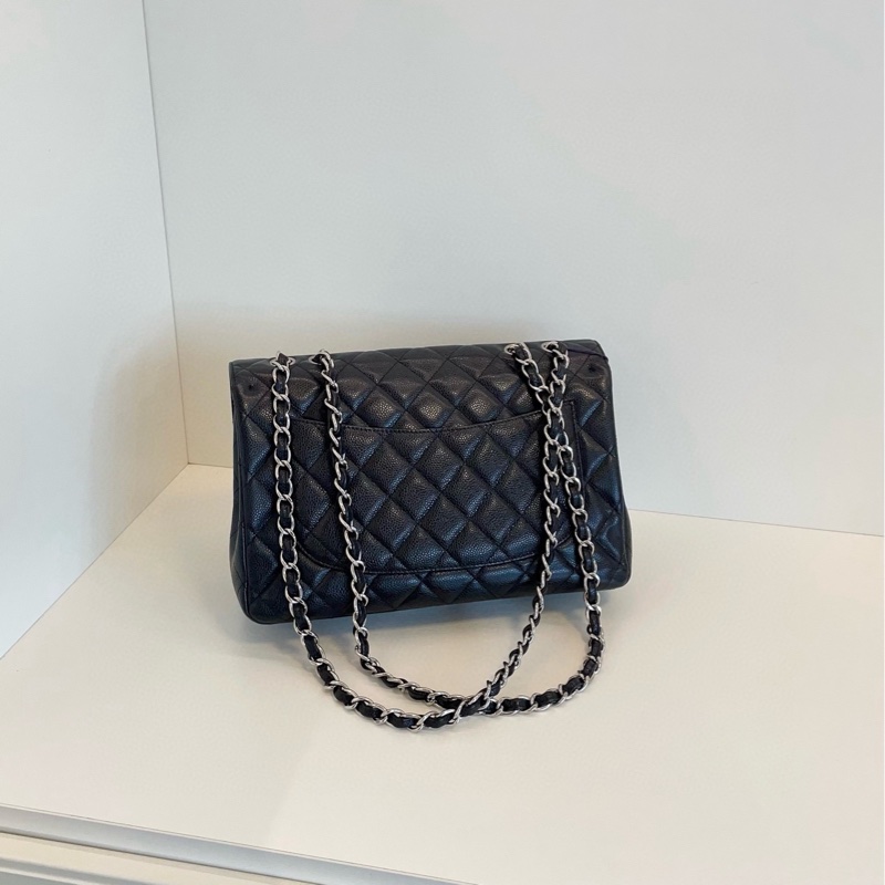 【98新🆕】Chanel 黑銀 荔枝皮單蓋CF Jumbo鏈條包 單肩包-1