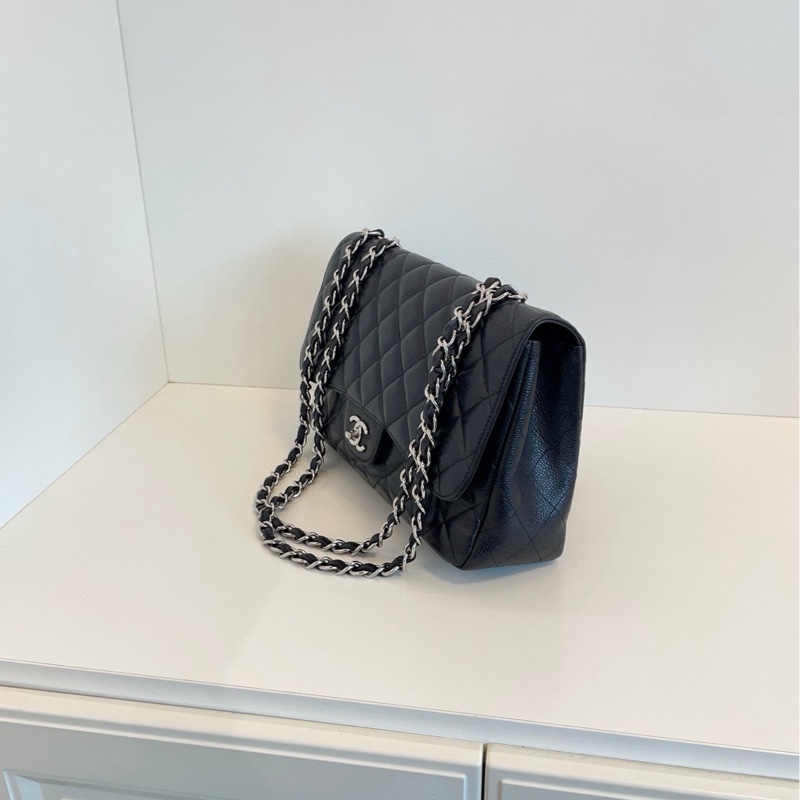 【98新🆕】Chanel 黑銀 荔枝皮單蓋CF Jumbo鏈條包 單肩包-2