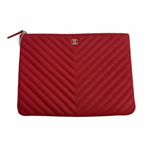 香奈兒 紅色 霧面人字紋 手拿包