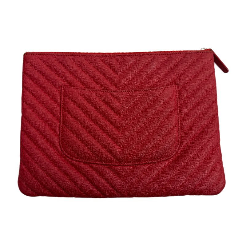 香奈兒 紅色 霧面人字紋 手拿包-1