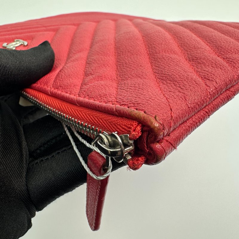 香奈兒 紅色 霧面人字紋 手拿包-4