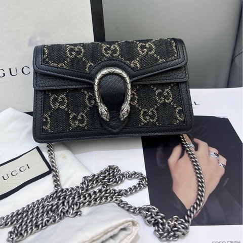 GUCCI 古馳丹寧黑色迷你酒神鏈條包