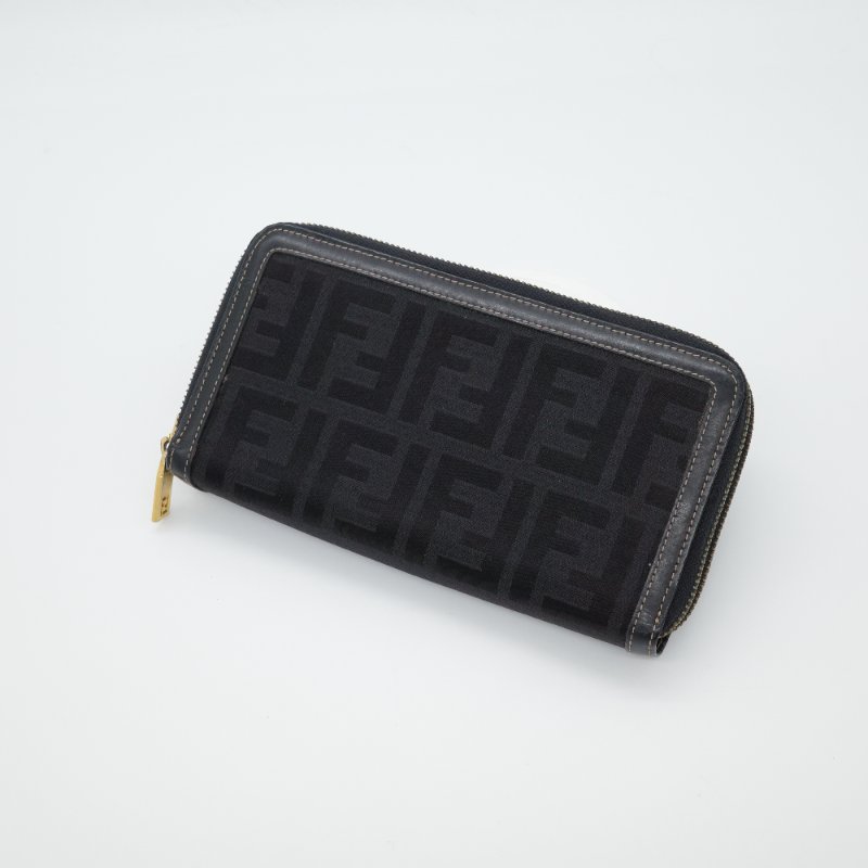 Fendi 芬迪 黑色 FF經典花紋 帆布 拉鍊 長錢包 風琴錢包 (超多卡位、大空間)-1