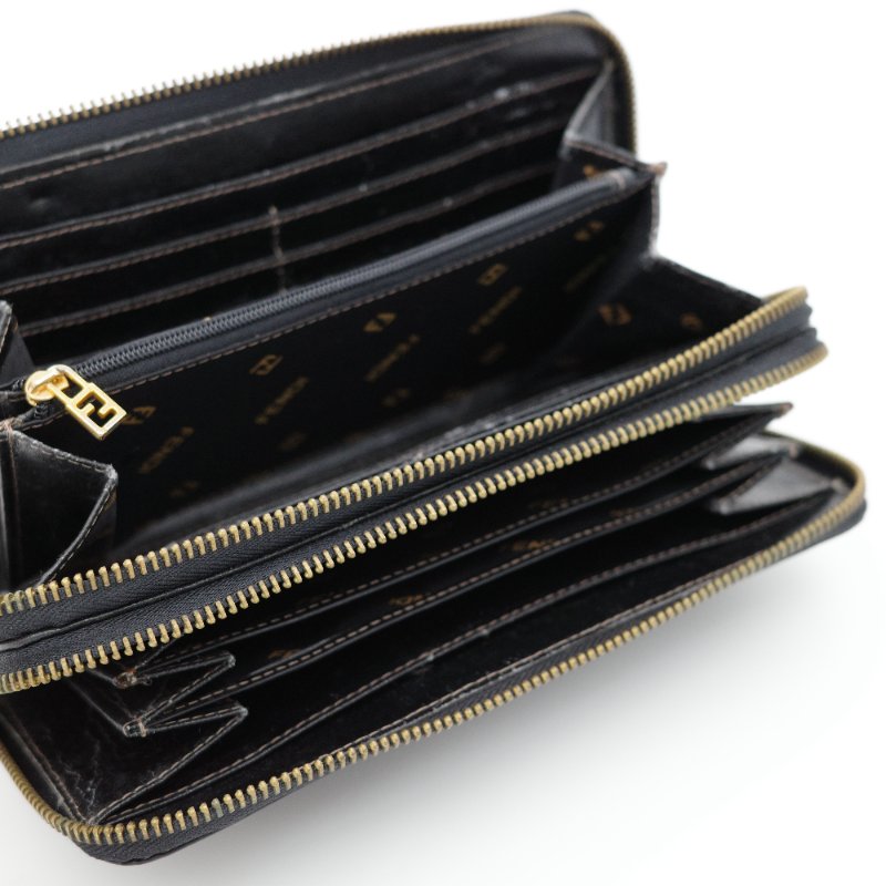 Fendi 芬迪 黑色 FF經典花紋 帆布 拉鍊 長錢包 風琴錢包 (超多卡位、大空間)-7
