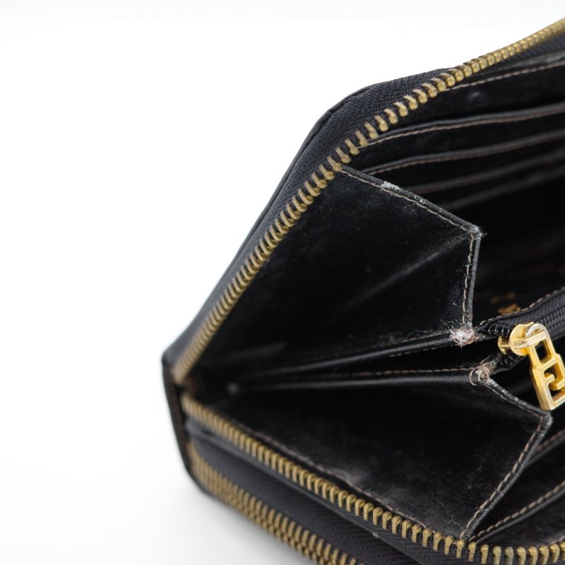 Fendi 芬迪 黑色 FF經典花紋 帆布 拉鍊 長錢包 風琴錢包 (超多卡位、大空間)-8
