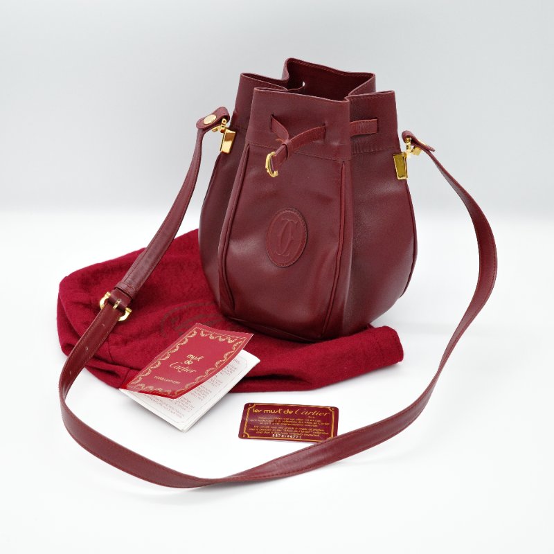 Cartier 卡地亞 酒紅色牛皮 經典 Logo 復古南瓜 水桶包 斜挎包 單肩包-0